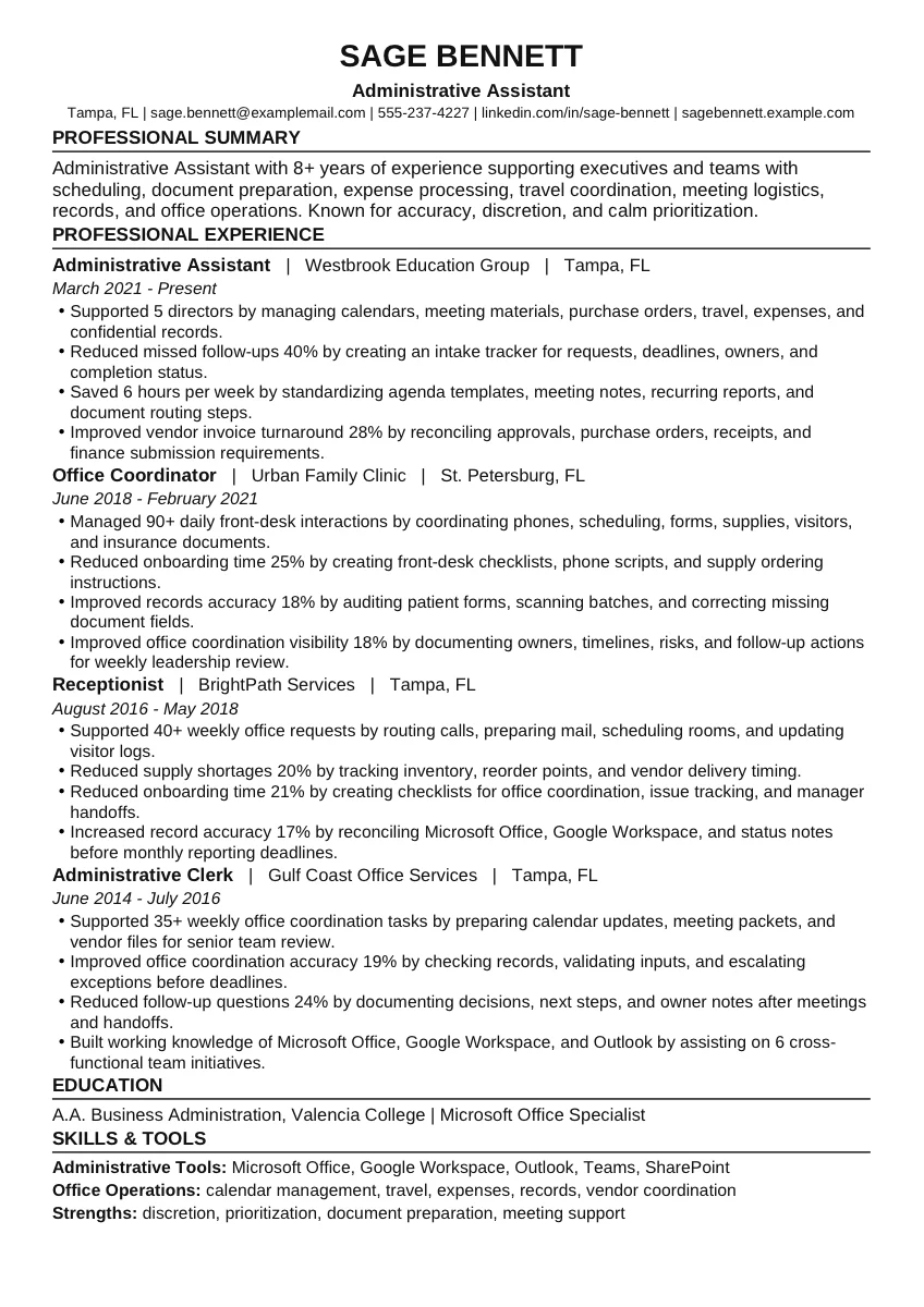 Administrative Assistant example resume screenshot