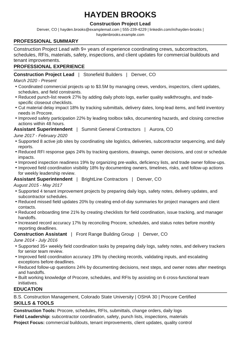 Construction Project Lead example resume screenshot