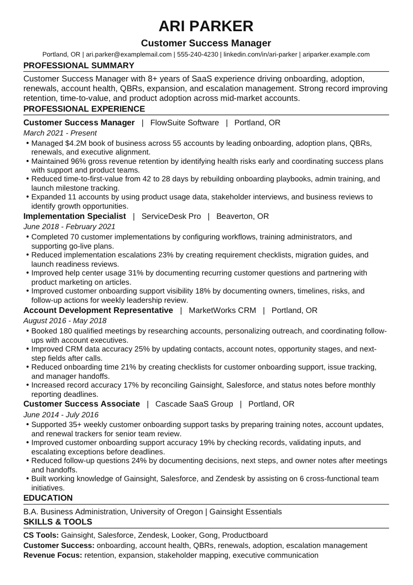 Customer Success Manager example resume screenshot