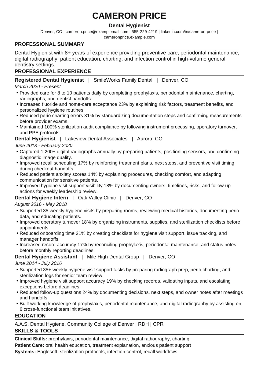 Dental Hygienist example resume screenshot