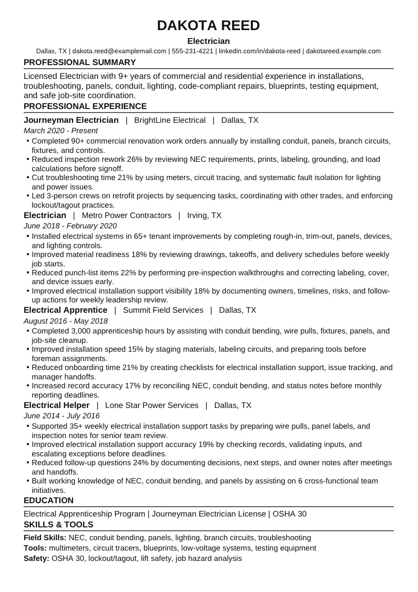 Electrician example resume screenshot