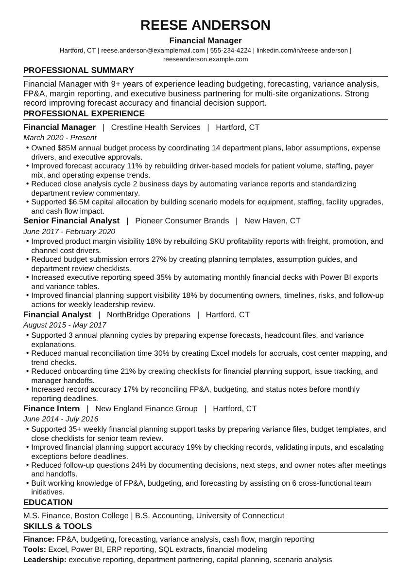Financial Manager example resume screenshot