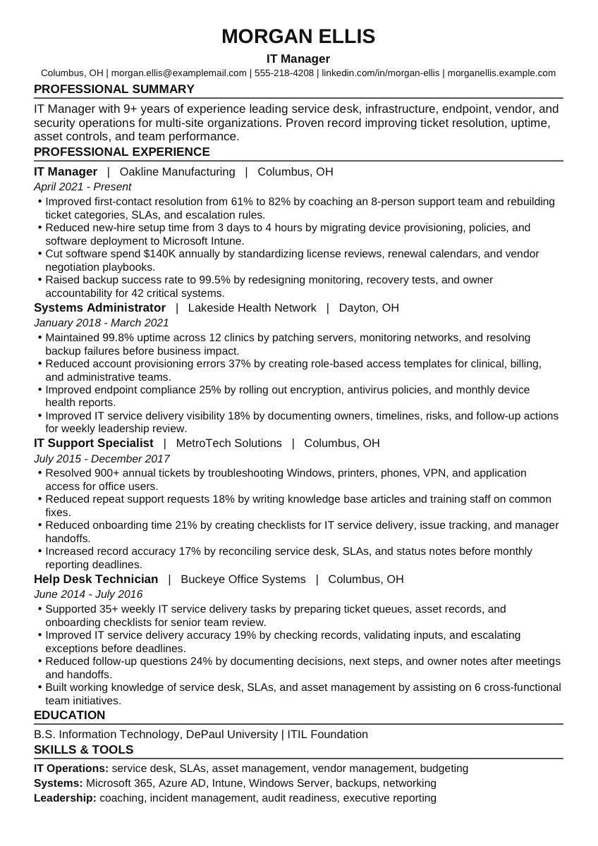 IT Manager example resume screenshot
