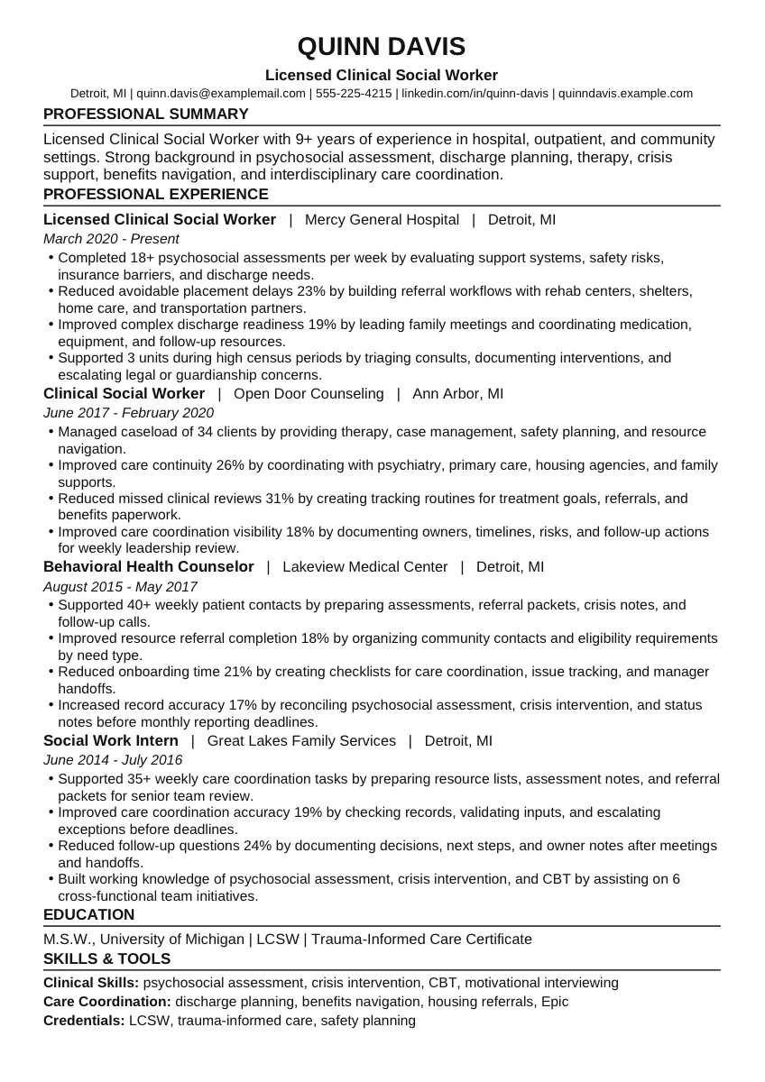 Licensed Clinical Social Worker example resume screenshot