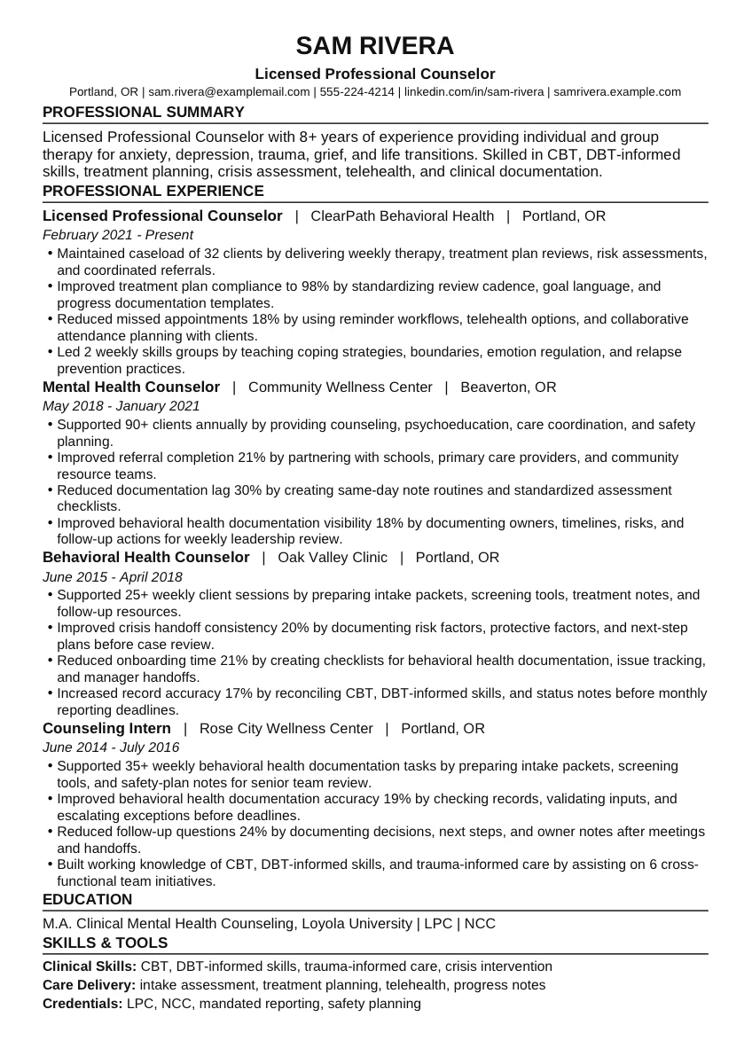 Licensed Professional Counselor example resume screenshot
