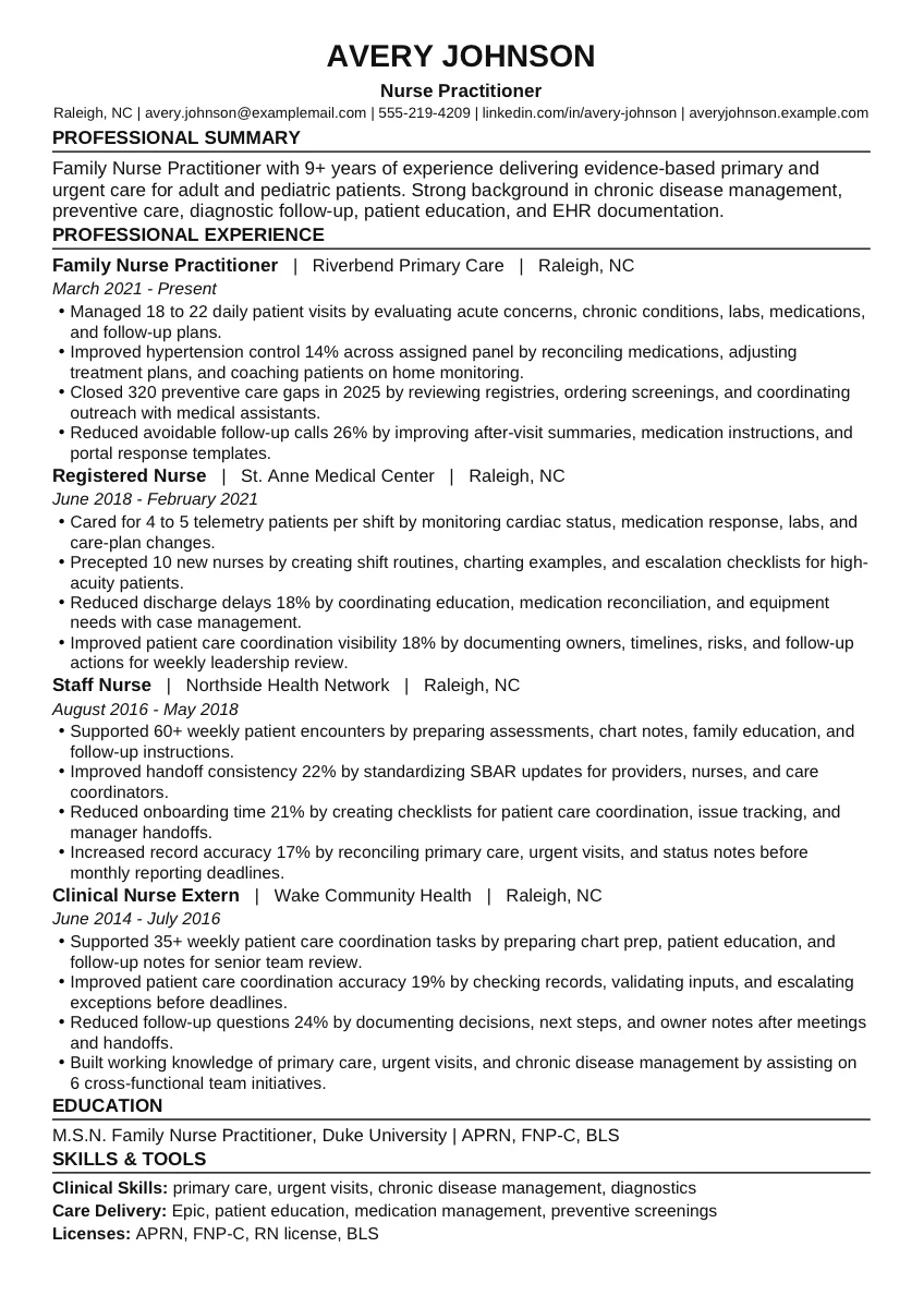 Nurse Practitioner example resume screenshot