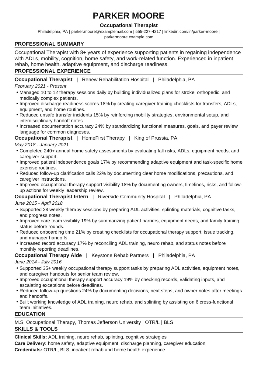 Occupational Therapist example resume screenshot