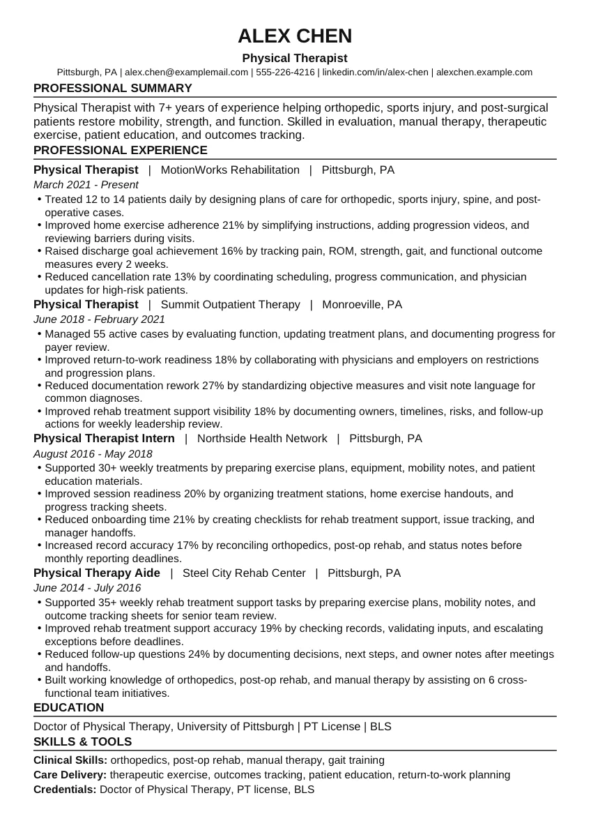 Physical Therapist example resume screenshot