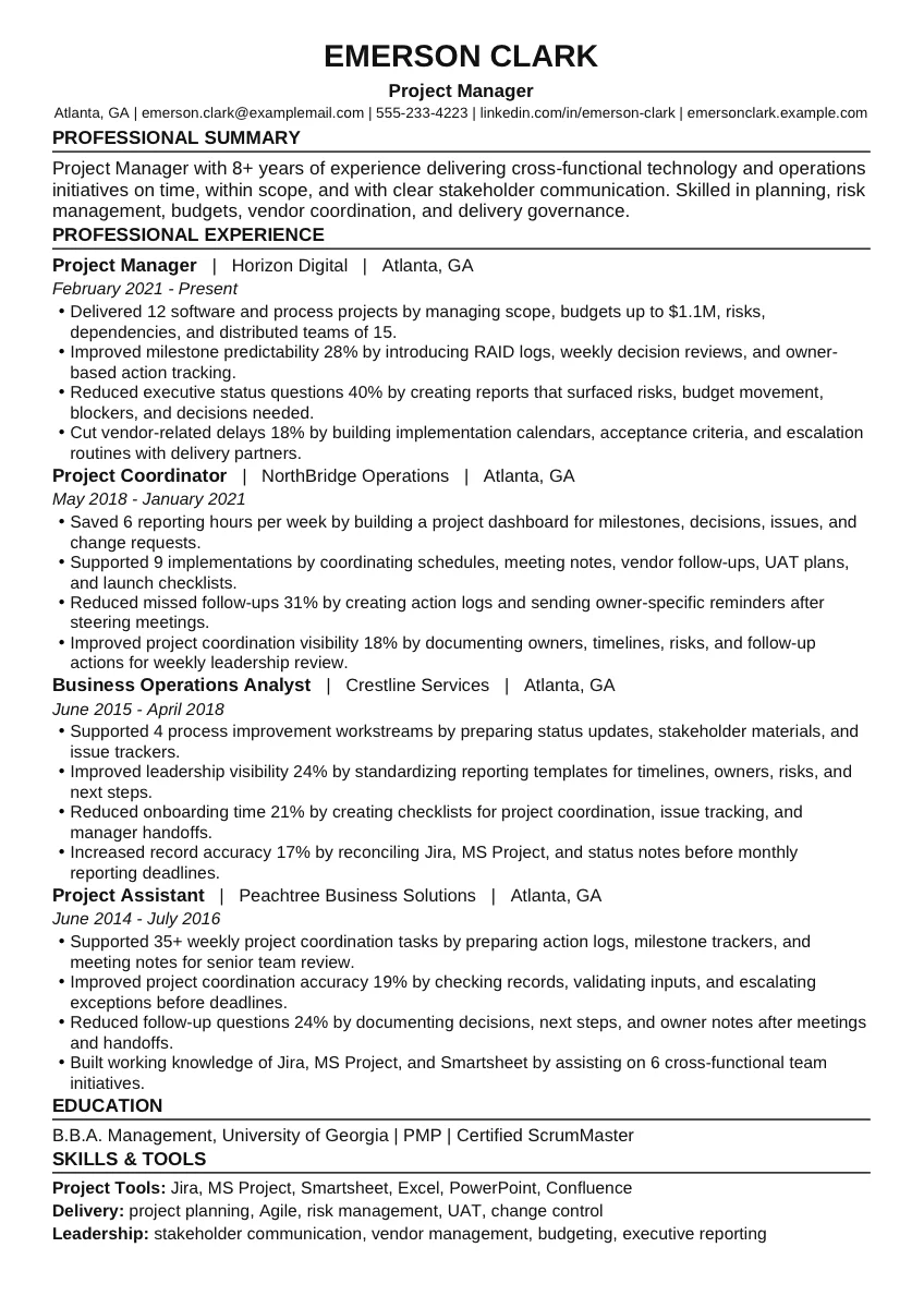 Project Manager example resume screenshot