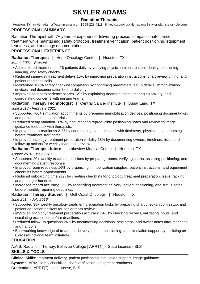 Radiation Therapist example resume screenshot