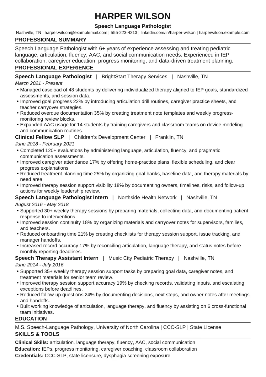 Speech Language Pathologist example resume screenshot