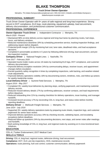 Truck Driver Owner-Operator example resume thumbnail
