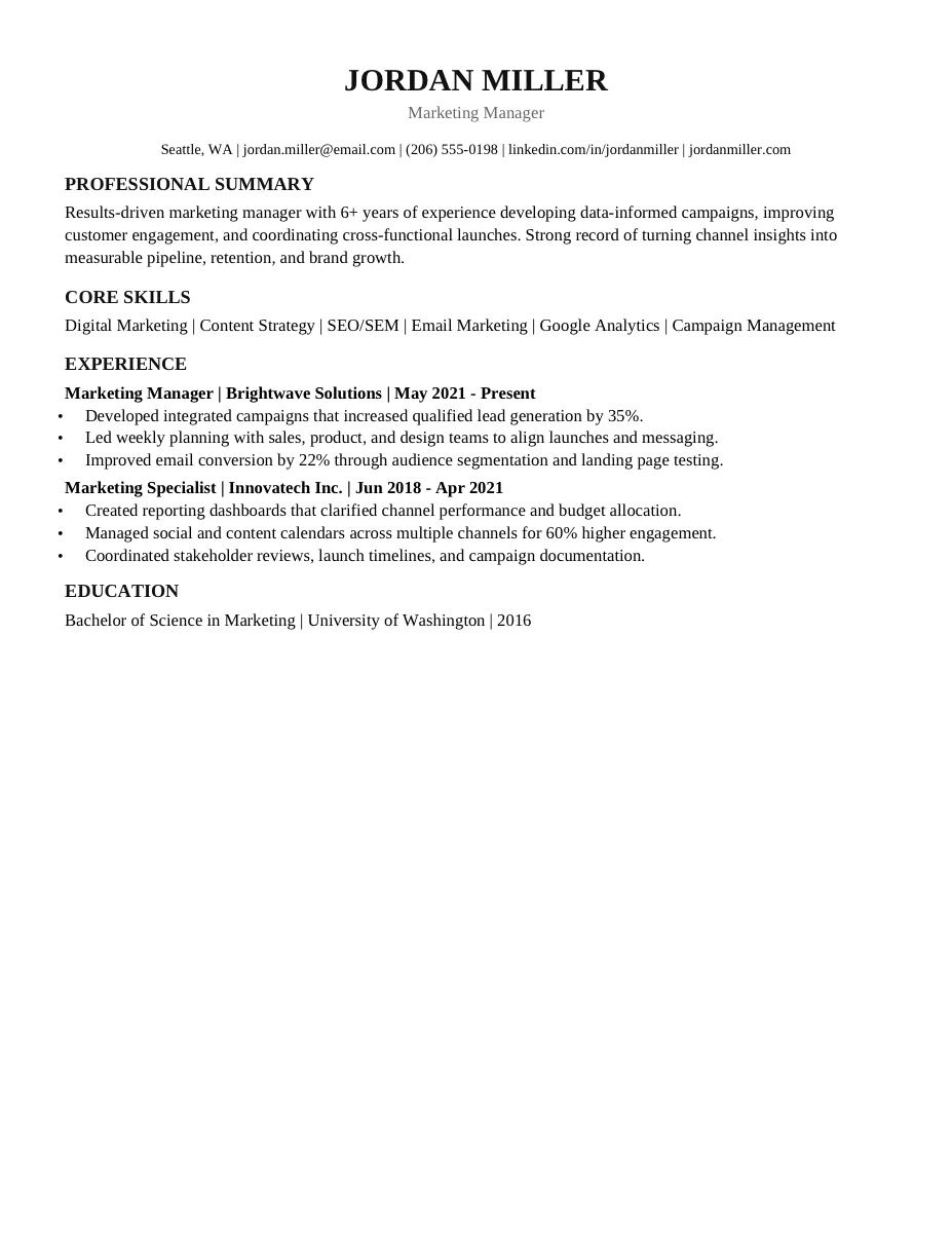 ATS Plain Text resume template preview