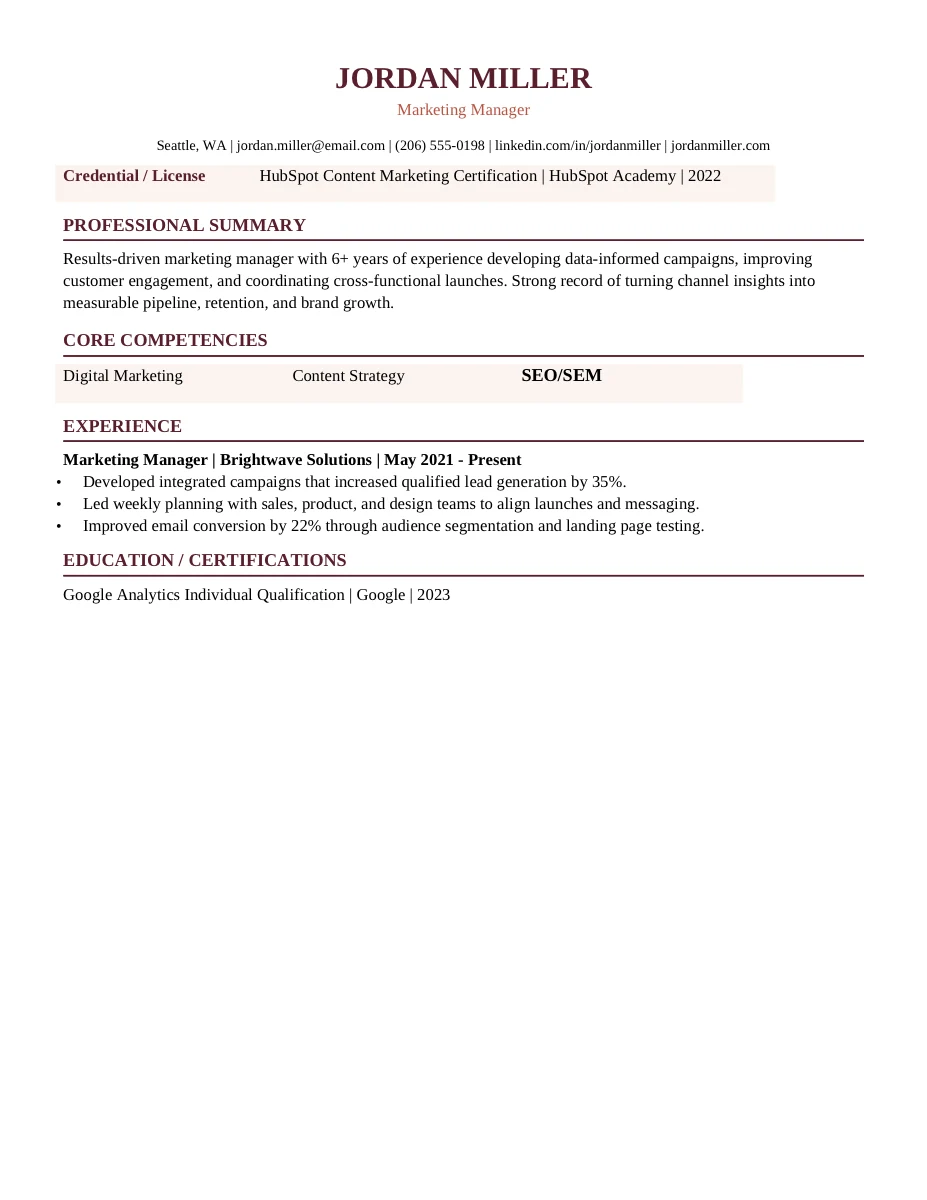 Hospitality Service resume template preview
