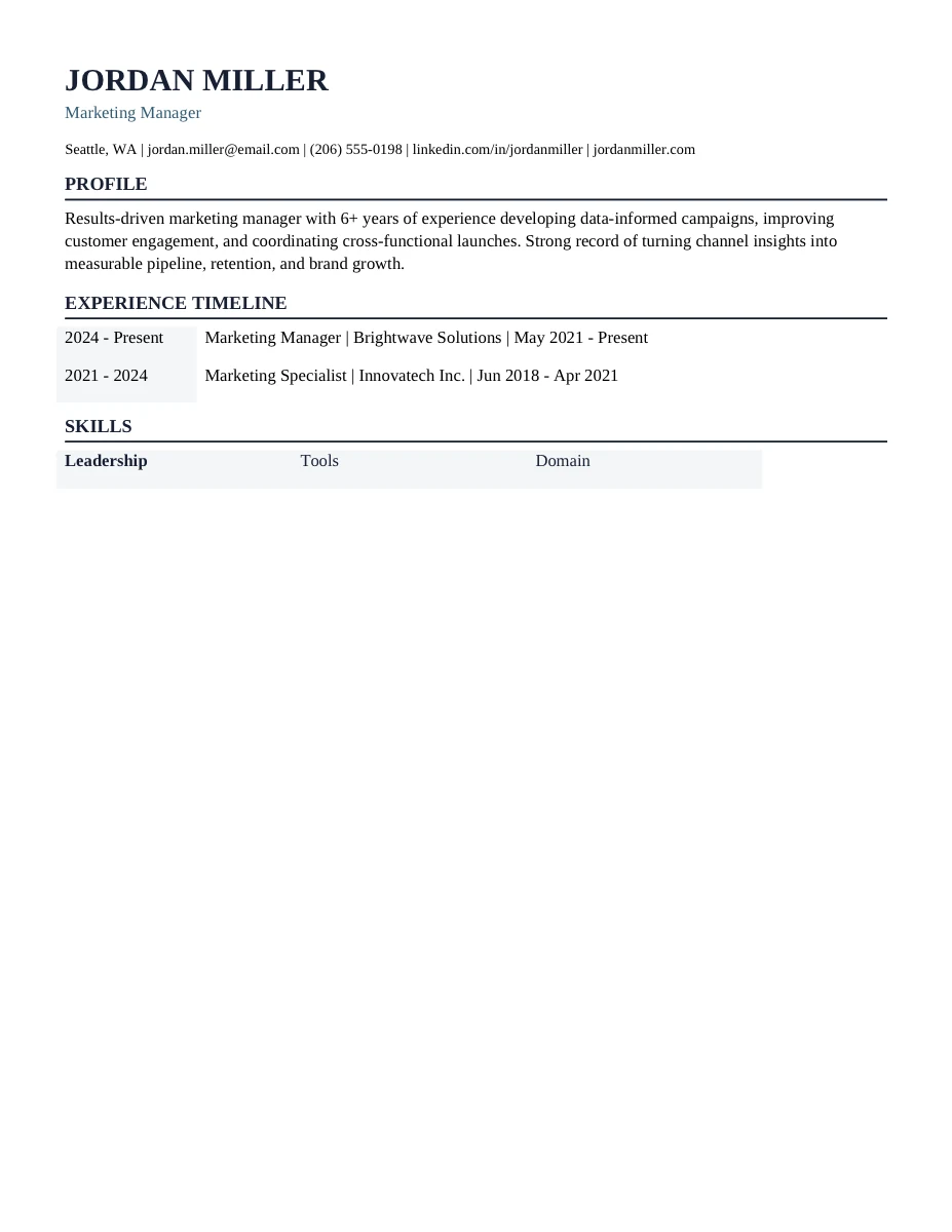 Hybrid Skills Timeline resume template preview