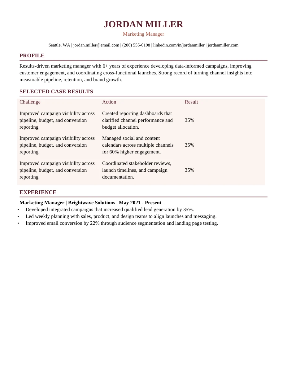 Marketing Campaigns resume template preview