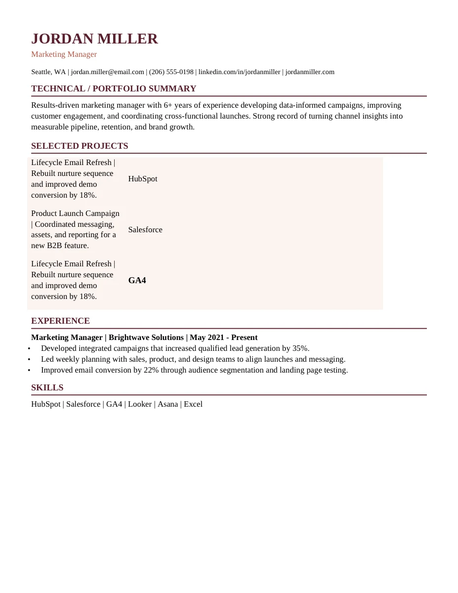 Product Manager resume template preview