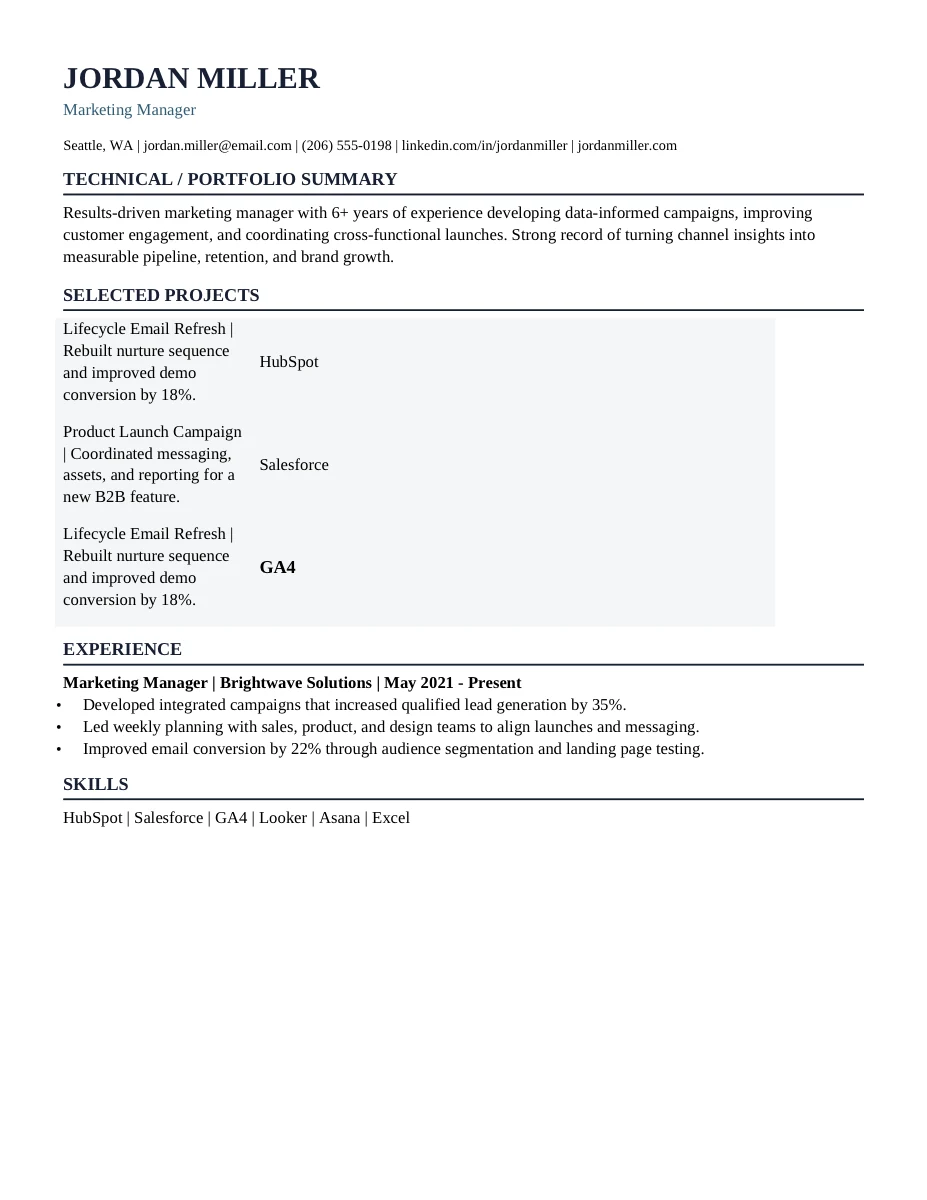 Recent Grad Project Led resume template preview