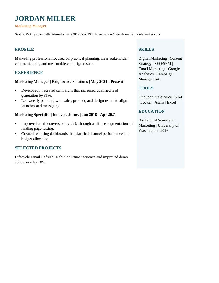 Right Sidebar Profile resume template preview