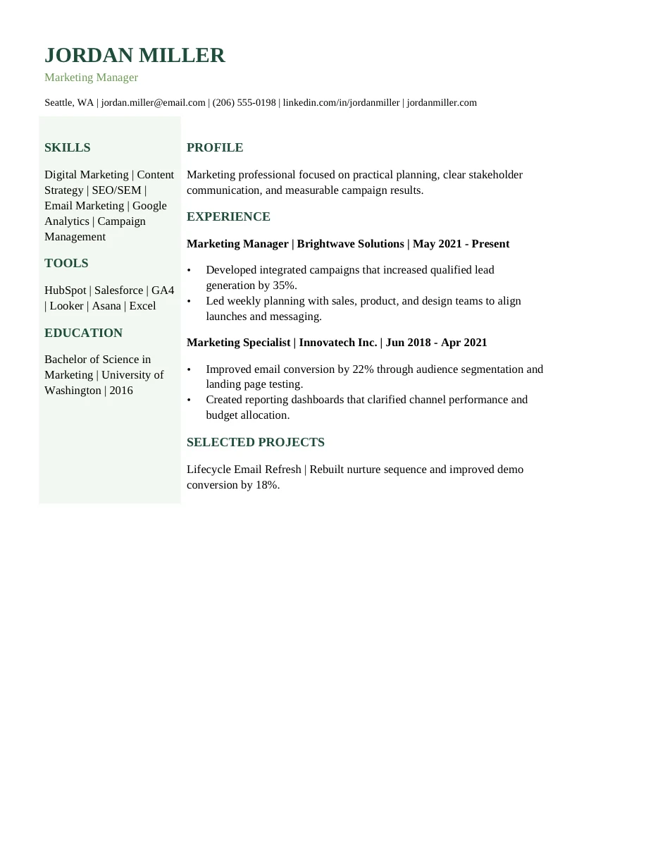 Two Column Sidebar resume template preview