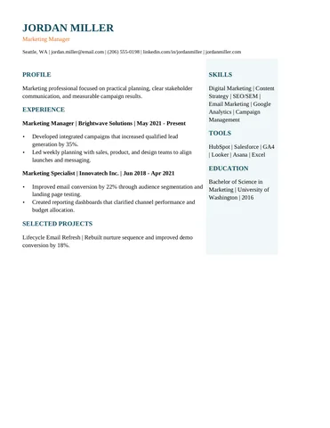 Right Sidebar Profile resume template thumbnail