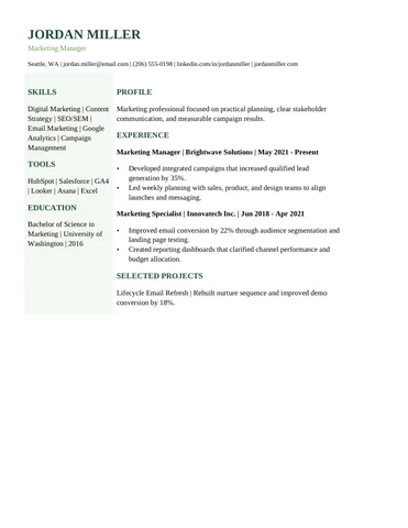 Two Column Sidebar resume template thumbnail