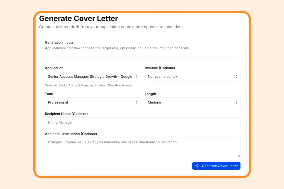 AI cover letter generator landing page hero preview