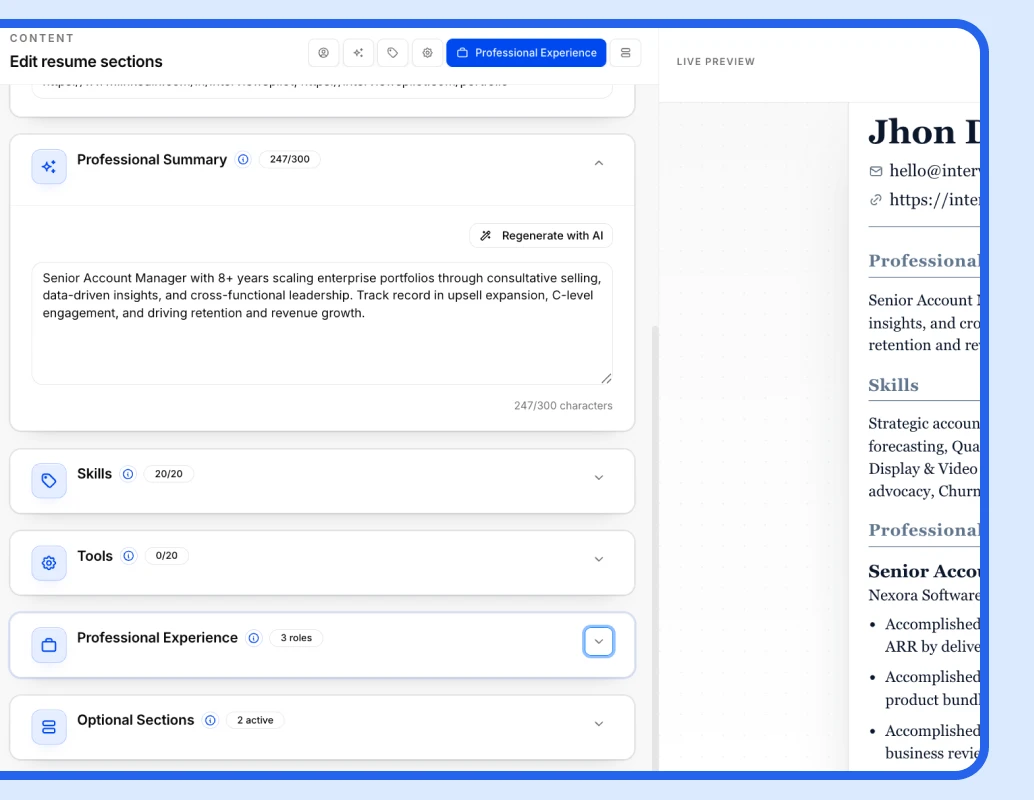 Resume tailoring preview showing keyword matching and targeting workflow